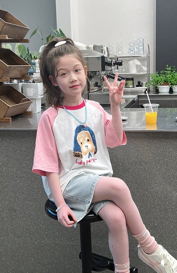 Set Áo Cotton Hình Cún Đáng Yêu Form Rộng Mix Quần Jean Giặt Mài Form Lỡ