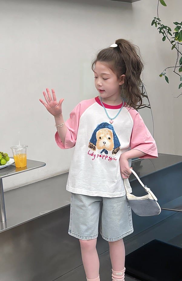 Set Áo Cotton Hình Cún Đáng Yêu Form Rộng Mix Quần Jean Giặt Mài Form Lỡ