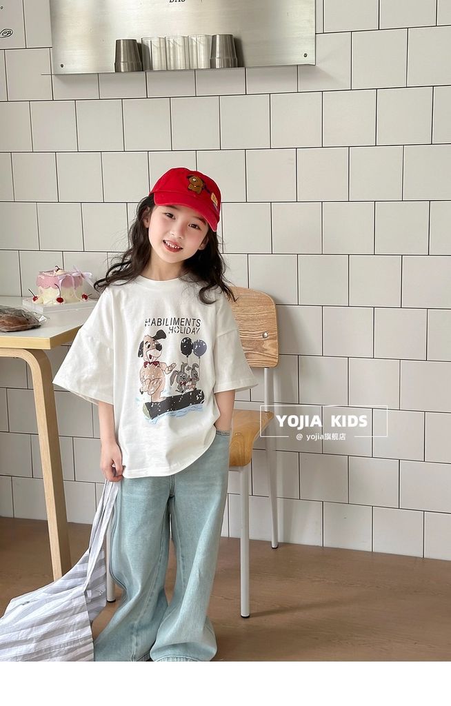 Set Áo Thun Cotton From Rộng In Hình Cún Phối Quần Jean Giặt Mài Mềm Mịn