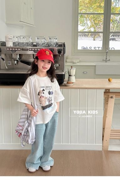 Set Áo Thun Cotton From Rộng In Hình Cún Phối Quần Jean Giặt Mài Mềm Mịn