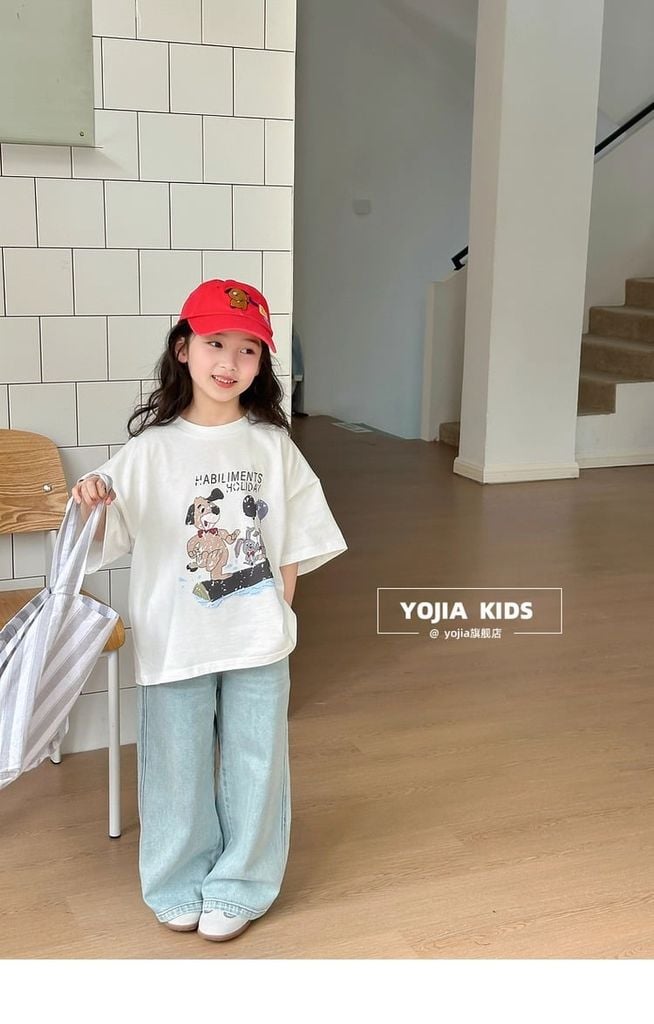 Set Áo Thun Cotton From Rộng In Hình Cún Phối Quần Jean Giặt Mài Mềm Mịn