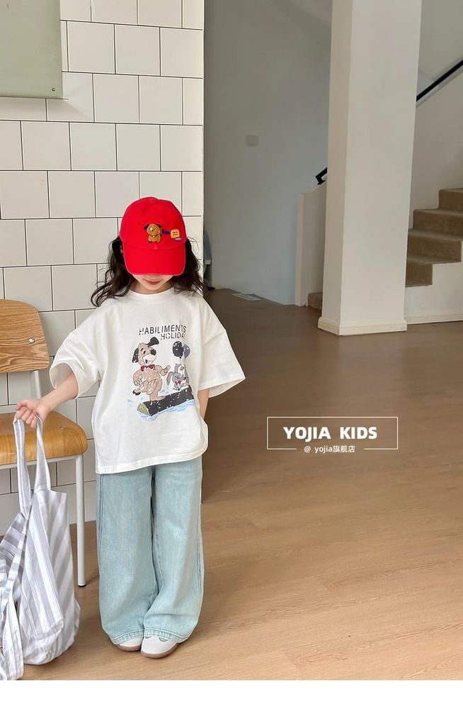 Set Áo Thun Cotton From Rộng In Hình Cún Phối Quần Jean Giặt Mài Mềm Mịn