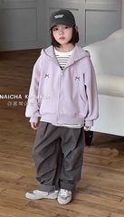 Áo Khoác Bé Gái Nỉ Da Cá Form Boxy Có Nón Thêu Nơ