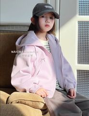 Áo Khoác Bé Gái Nỉ Da Cá Form Boxy Có Nón Thêu Nơ