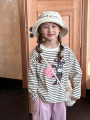 Set Áo Cotton Dài Tay Kẻ In Trái Tim Quần Nỉ Hồng Mềm Mịn