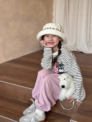 Set Áo Cotton Dài Tay Kẻ In Trái Tim Quần Nỉ Hồng Mềm Mịn