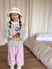 Set Áo Cotton Dài Tay Kẻ In Trái Tim Quần Nỉ Hồng Mềm Mịn