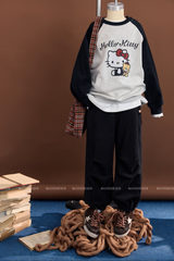 Bộ Nỉ Dài Tay Hello Kitty Phối Quần Nỉ Đen Mềm Mịn