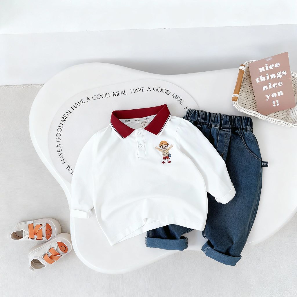 Bộ Polo Dài Tay In Hình Cậu Bé Phối Quần Jean