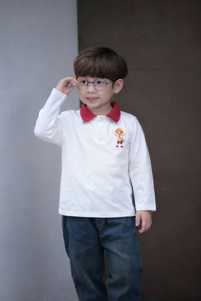 Bộ Polo Dài Tay In Hình Cậu Bé Phối Quần Jean