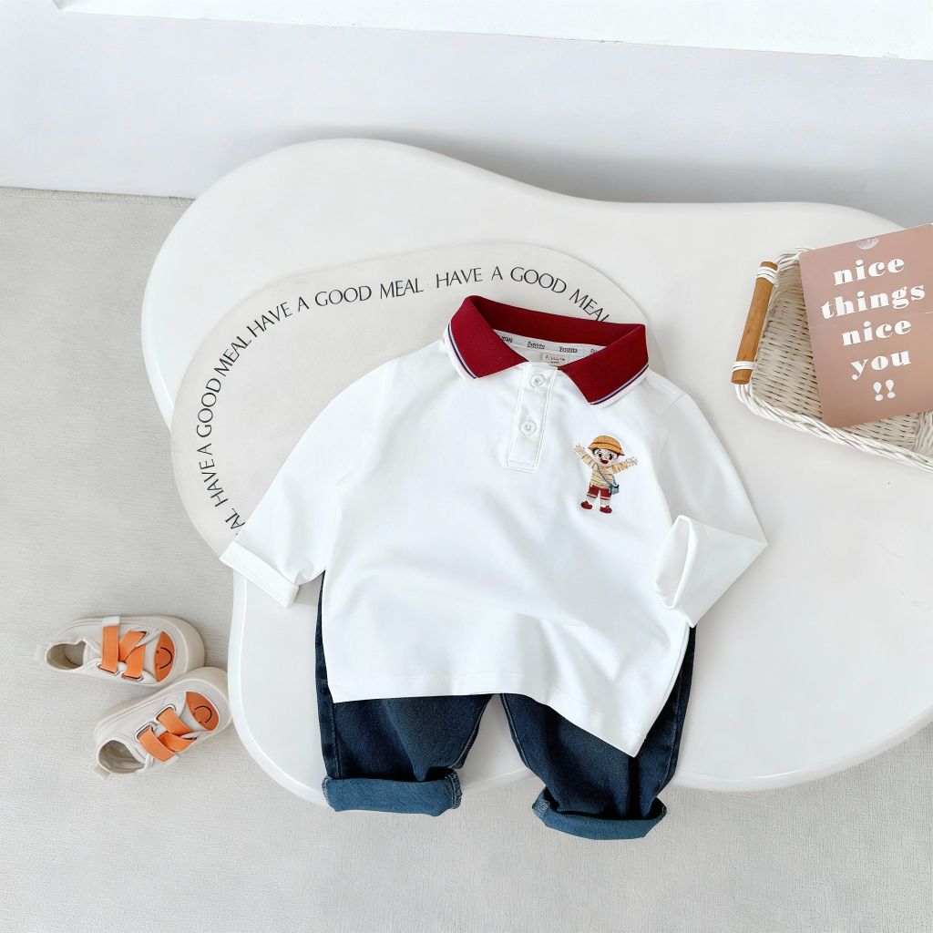 Bộ Polo Dài Tay In Hình Cậu Bé Phối Quần Jean