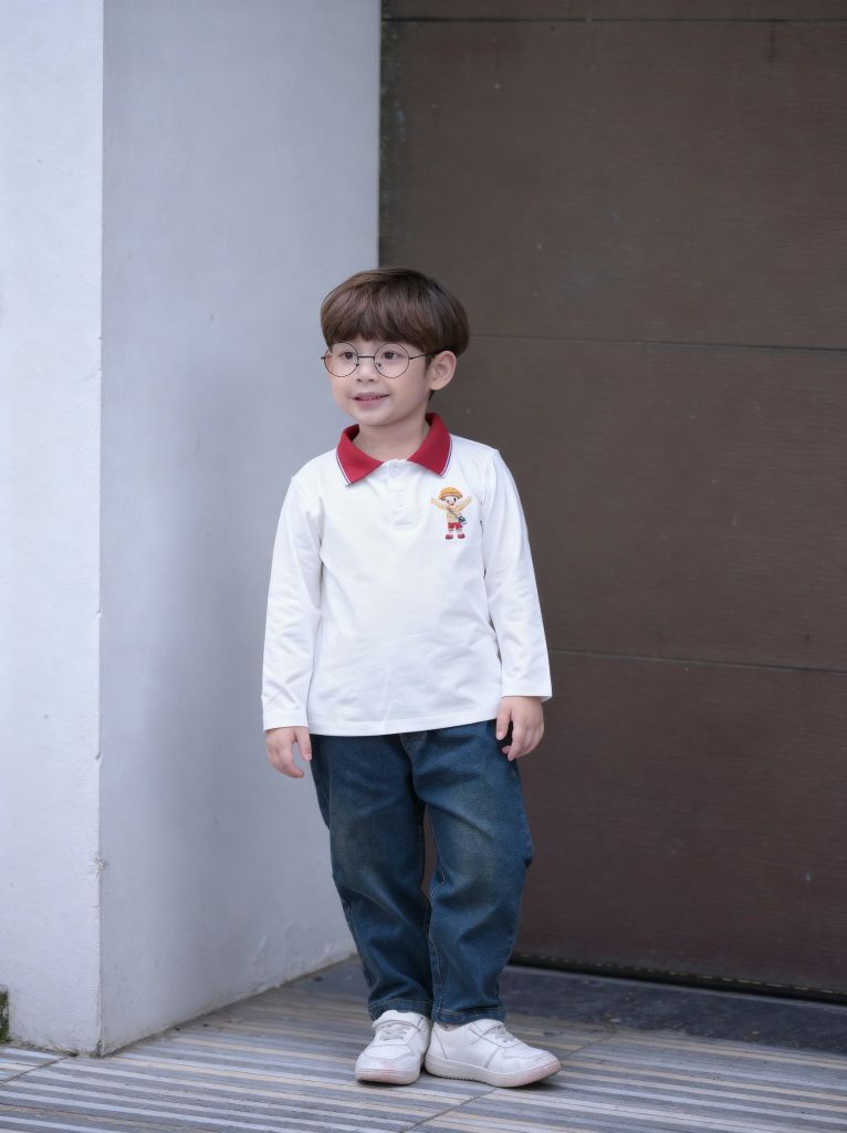 Bộ Polo Dài Tay In Hình Cậu Bé Phối Quần Jean