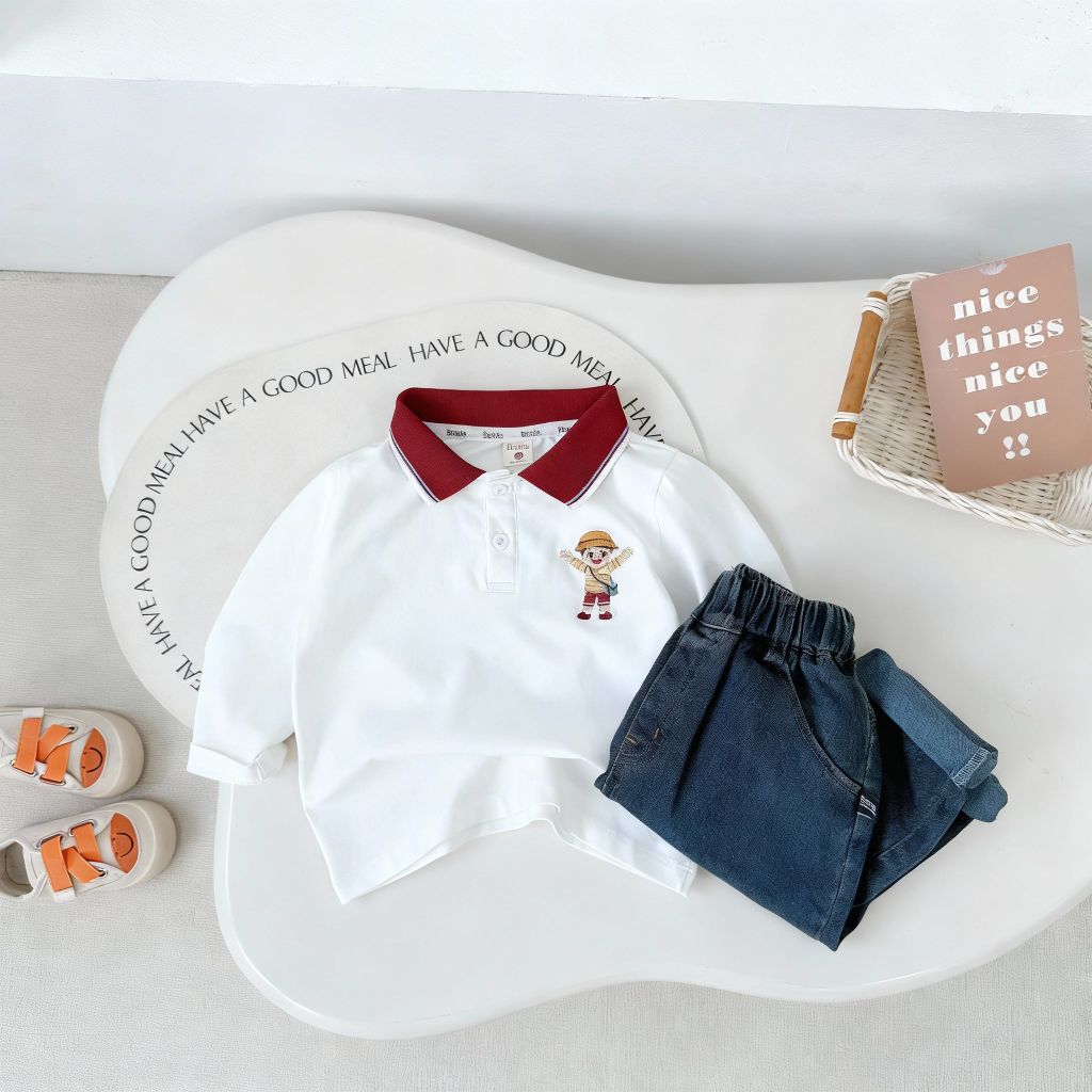 Bộ Polo Dài Tay In Hình Cậu Bé Phối Quần Jean