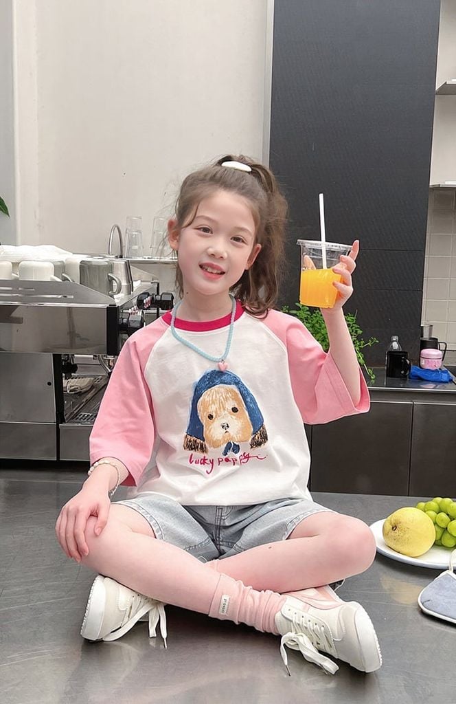 Set Áo Cotton Hình Cún Đáng Yêu Form Rộng Mix Quần Jean Giặt Mài Form Lỡ