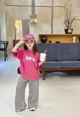 Set Bé Gái Trendy Áo Form Rộng Cotton 4C Quần Dài Ống Suông Vải Sọc Xốp