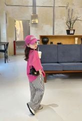 Set Bé Gái Trendy Áo Form Rộng Cotton 4C Quần Dài Ống Suông Vải Sọc Xốp