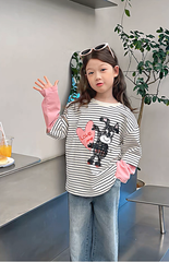 Set Áo Dài Tay Kẻ Sọc Phối Hồng Hình Cún Đáng Yêu Mix Quần Jean Dài