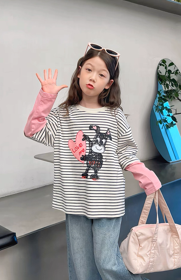 Set Áo Dài Tay Kẻ Sọc Phối Hồng Hình Cún Đáng Yêu Mix Quần Jean Dài