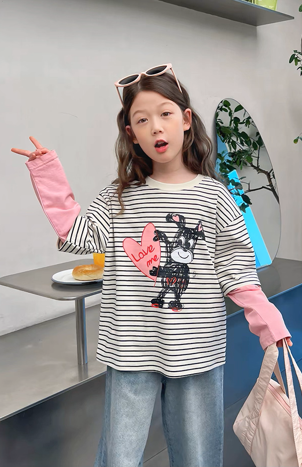 Set Áo Dài Tay Kẻ Sọc Phối Hồng Hình Cún Đáng Yêu Mix Quần Jean Dài