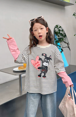 Set Áo Dài Tay Kẻ Sọc Phối Hồng Hình Cún Đáng Yêu Mix Quần Jean Dài