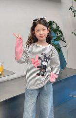 Set Áo Dài Tay Kẻ Sọc Phối Hồng Hình Cún Đáng Yêu Mix Quần Jean Dài