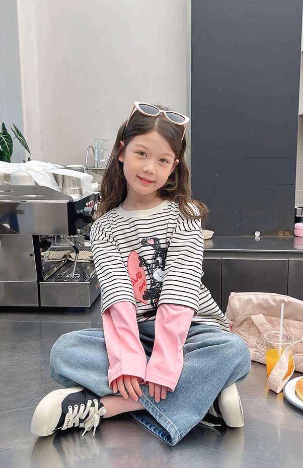 Set Áo Dài Tay Kẻ Sọc Phối Hồng Hình Cún Đáng Yêu Mix Quần Jean Dài