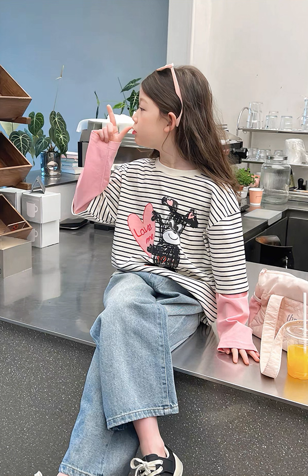 Set Áo Dài Tay Kẻ Sọc Phối Hồng Hình Cún Đáng Yêu Mix Quần Jean Dài
