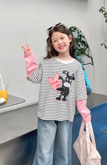 Set Áo Dài Tay Kẻ Sọc Phối Hồng Hình Cún Đáng Yêu Mix Quần Jean Dài