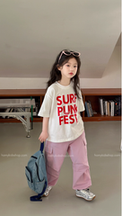 Set Bé Gái Áo Thun Trắng Phối Quần Hồng Form Suông Túi Hộp