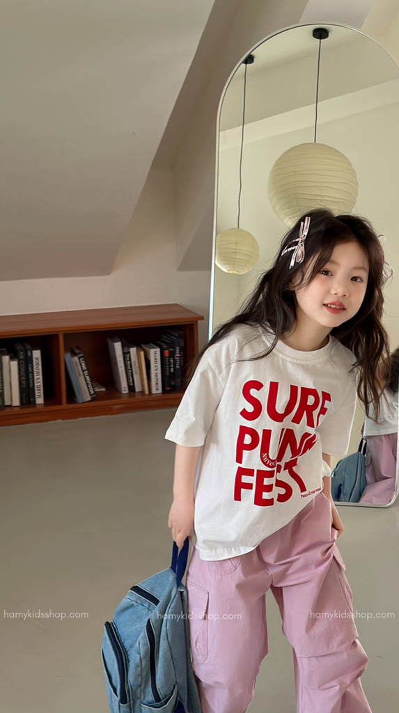 Set Bé Gái Áo Thun Trắng Phối Quần Hồng Form Suông Túi Hộp