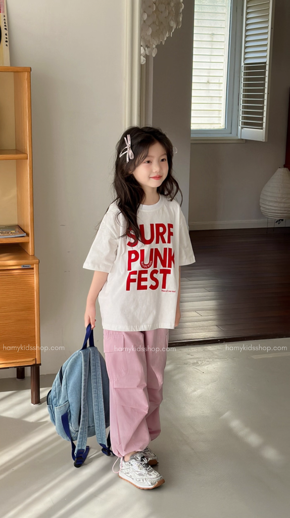 Set Bé Gái Áo Thun Trắng Phối Quần Hồng Form Suông Túi Hộp