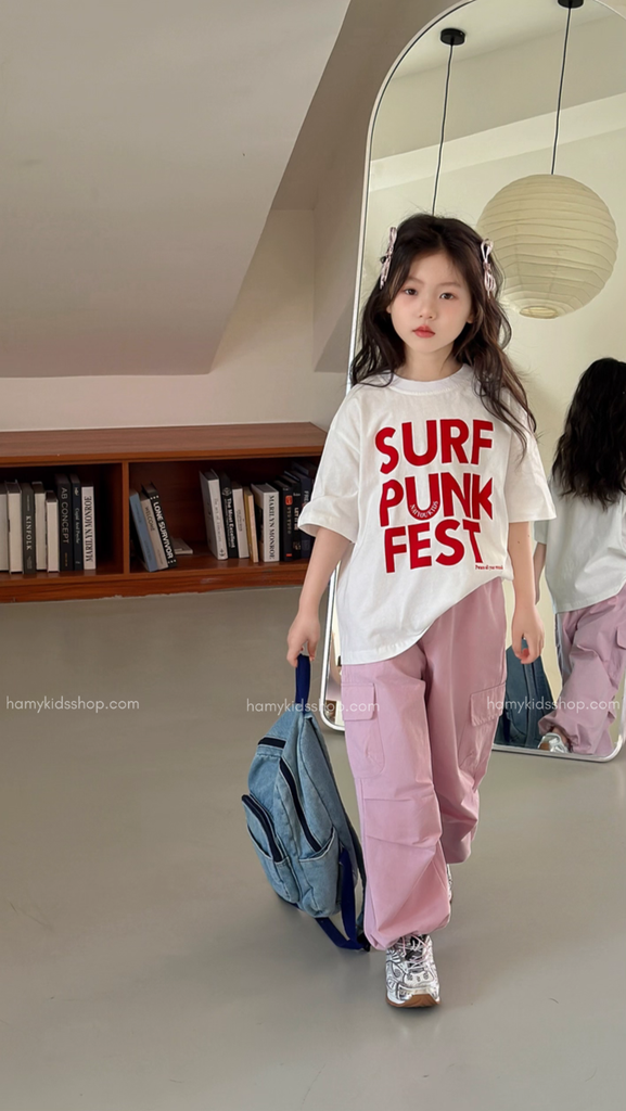 Set Bé Gái Áo Thun Trắng Phối Quần Hồng Form Suông Túi Hộp