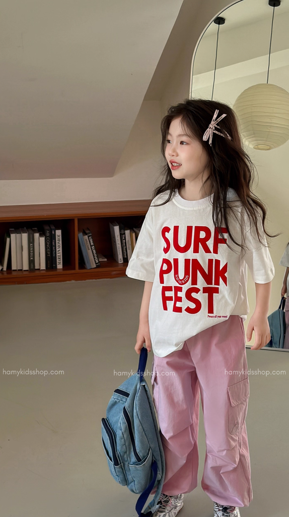 Set Bé Gái Áo Thun Trắng Phối Quần Hồng Form Suông Túi Hộp