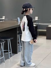 Set Áo Cotton Dài Tay Hình Cún Hai Mặt Phối Quần Nỉ Dài Màu Ghi