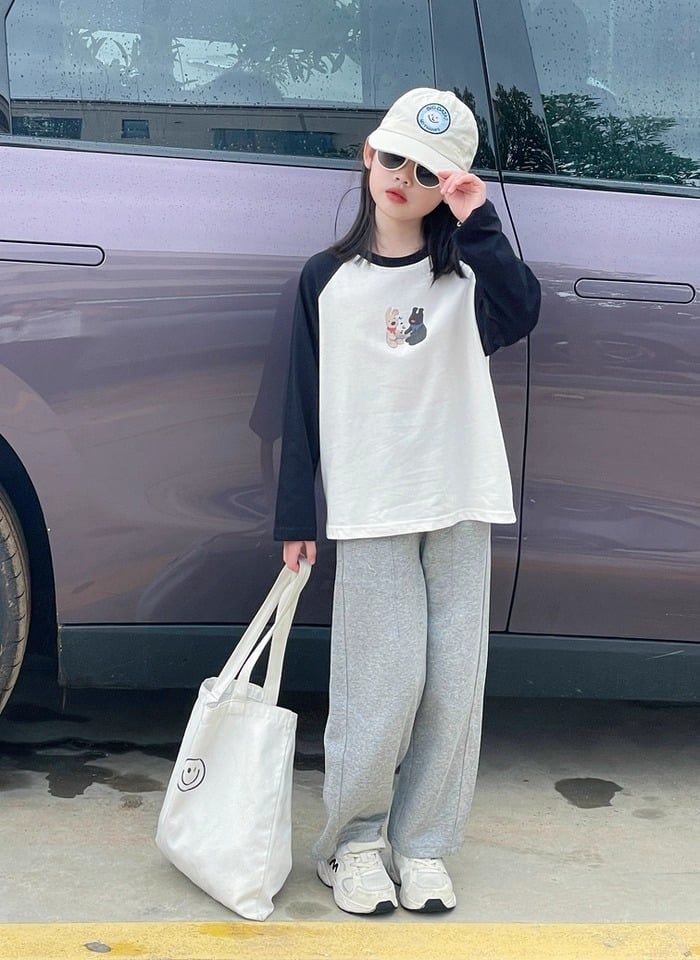 Set Áo Cotton Dài Tay Hình Cún Hai Mặt Phối Quần Nỉ Dài Màu Ghi