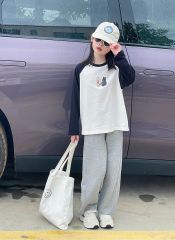 Set Áo Cotton Dài Tay Hình Cún Hai Mặt Phối Quần Nỉ Dài Màu Ghi