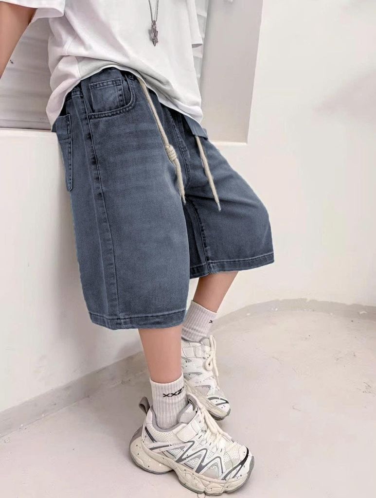 Quần Jean Lửng Bé Trai Wash Mềm Lưng Thun Phối Dây Rút Thời Thượng