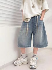 Quần Jean Lửng Bé Trai Wash Mềm Lưng Thun Phối Dây Rút Thời Thượng