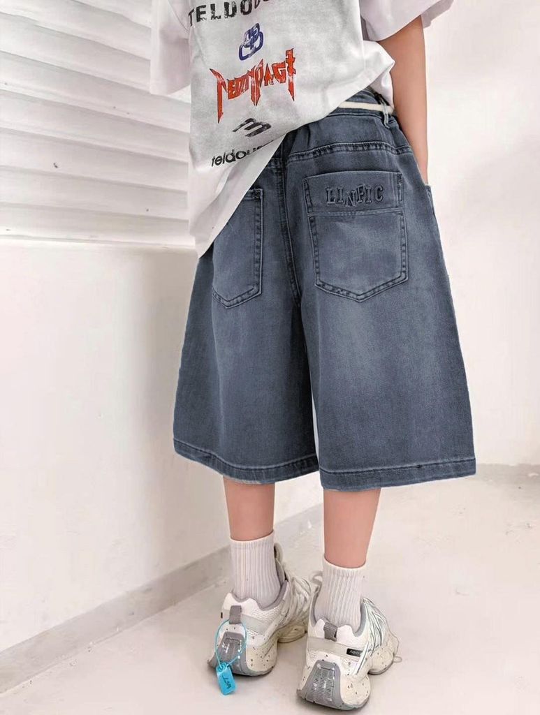 Quần Jean Lửng Bé Trai Wash Mềm Lưng Thun Phối Dây Rút Thời Thượng