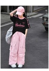 Set Áo Form Rộng Viền Sọc Đính Nơ Phối Quần Kaki Dài Túi Hộp Form Rộng Cá Tính