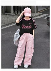 Set Áo Form Rộng Viền Sọc Đính Nơ Phối Quần Kaki Dài Túi Hộp Form Rộng Cá Tính