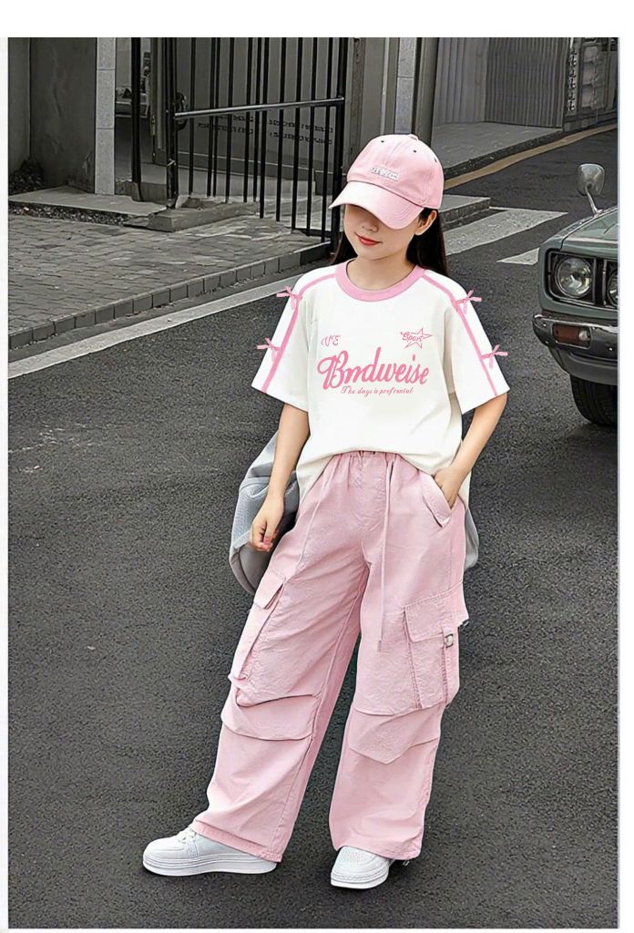 Set Áo Form Rộng Viền Sọc Đính Nơ Phối Quần Kaki Dài Túi Hộp Form Rộng Cá Tính