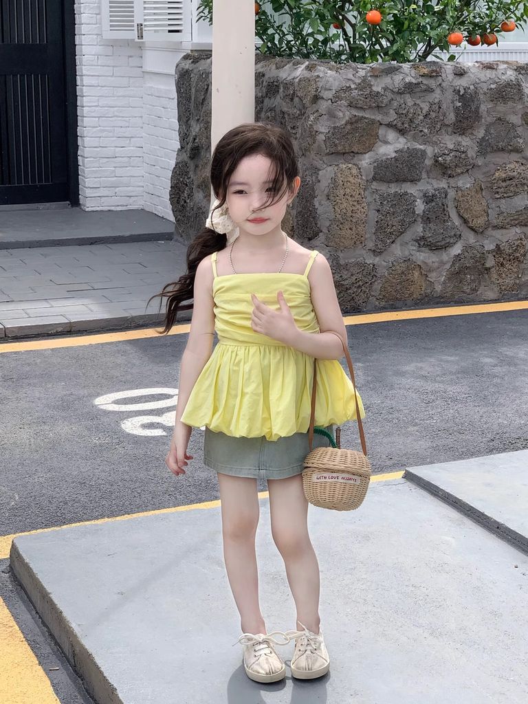 Set Áo 2 Dây Vàng Đuôi Xếp Bồng Mix Chân Váy Giặt Mài