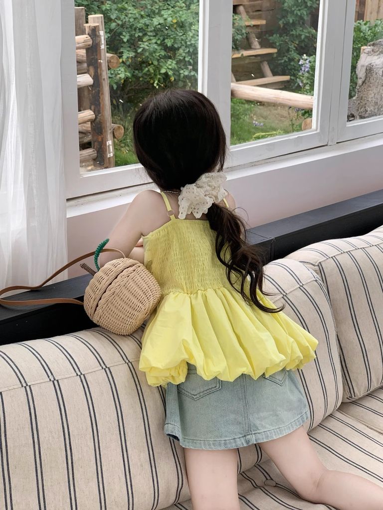 Set Áo 2 Dây Vàng Đuôi Xếp Bồng Mix Chân Váy Giặt Mài