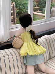 Set Áo 2 Dây Vàng Đuôi Xếp Bồng Mix Chân Váy Giặt Mài