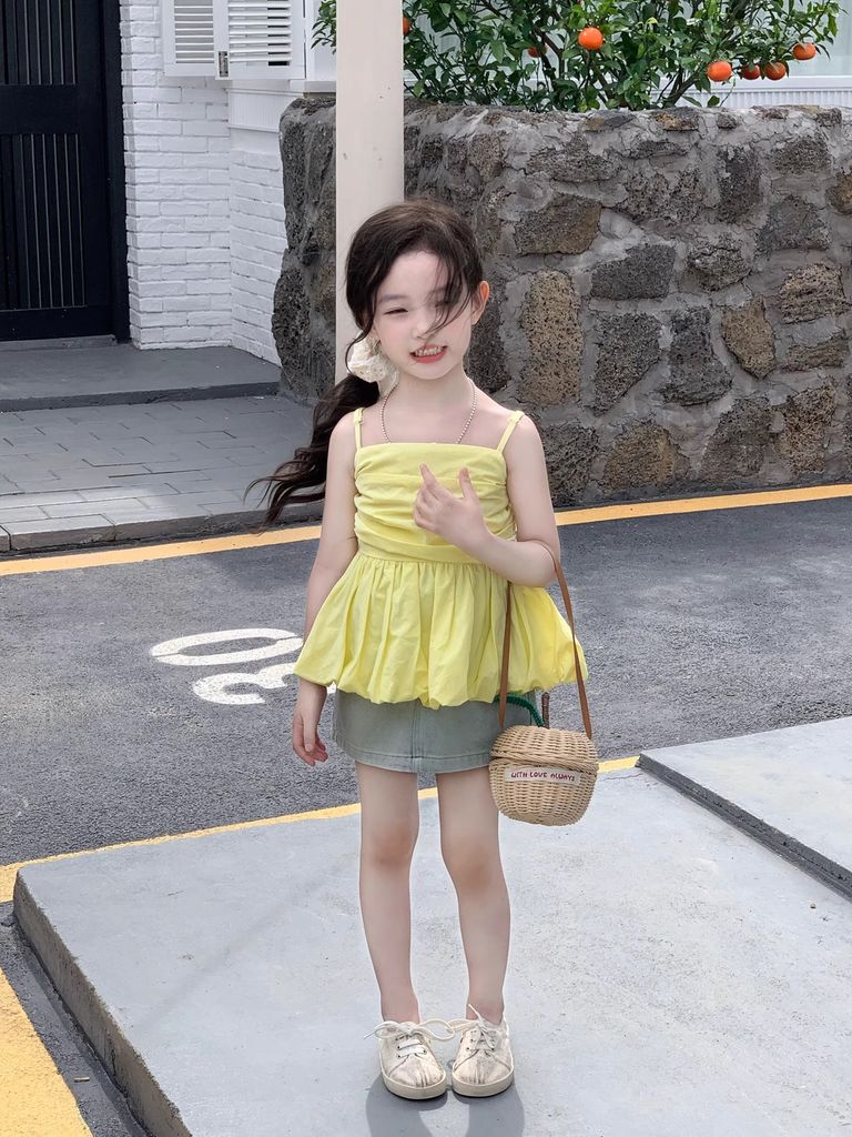 Set Áo 2 Dây Vàng Đuôi Xếp Bồng Mix Chân Váy Giặt Mài