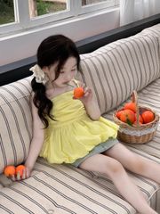 Set Áo 2 Dây Vàng Đuôi Xếp Bồng Mix Chân Váy Giặt Mài