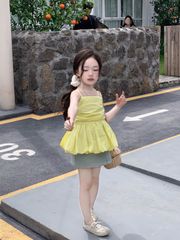 Set Áo 2 Dây Vàng Đuôi Xếp Bồng Mix Chân Váy Giặt Mài