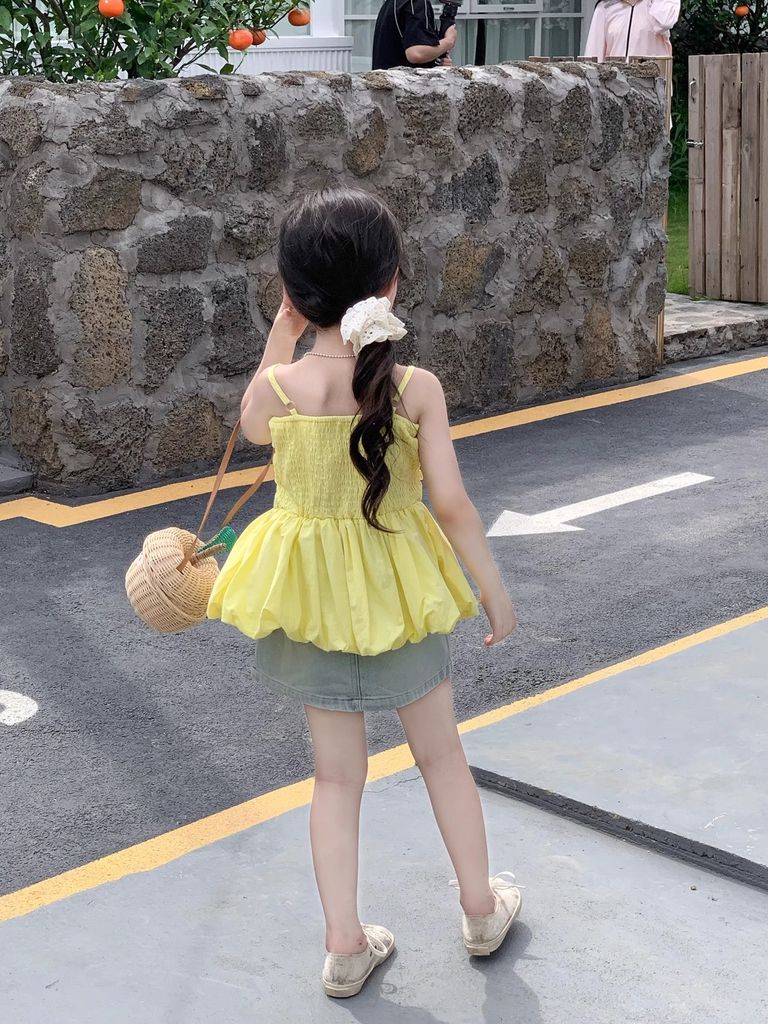 Set Áo 2 Dây Vàng Đuôi Xếp Bồng Mix Chân Váy Giặt Mài