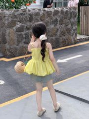 Set Áo 2 Dây Vàng Đuôi Xếp Bồng Mix Chân Váy Giặt Mài